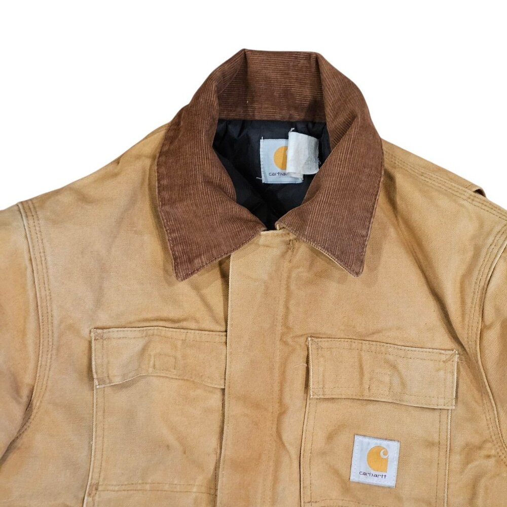 VTG CARHARTT Chore Coat Hooded Tan Canvas CQ196 Sz 42 Tall Large‎ Broke Zipper - Picture 3 of 16